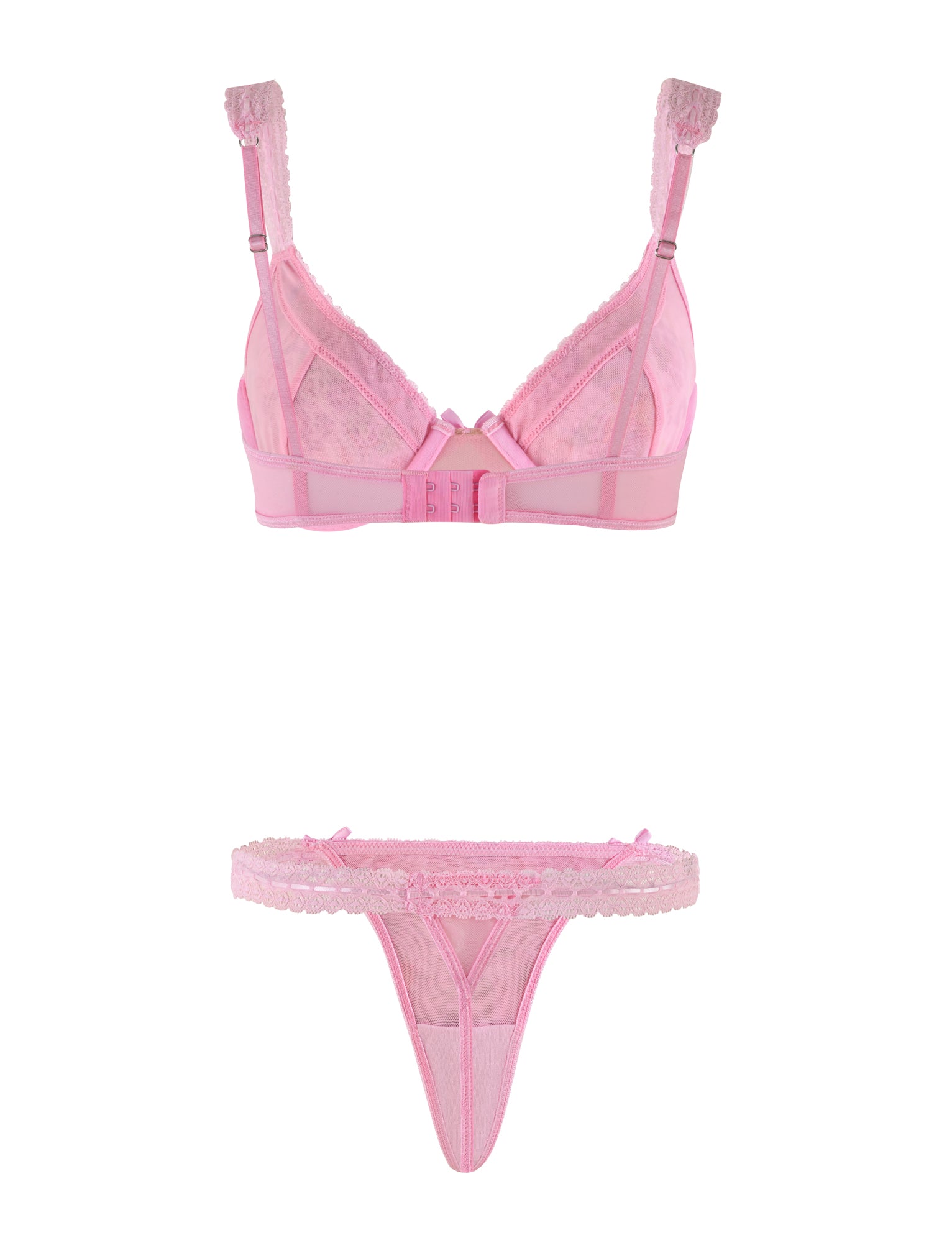 Introducing the PANDORA MESH SET - PINK: DELICATE FLORAL by TIGERMIST, a beautifully crafted pink lingerie set featuring a semi-sheer, lace-trimmed bra with adjustable shoulder straps and a hook-and-eye closure at the back. The set is completed with matching semi-sheer thong bottoms adorned with lace trim and delicate pink floral lace detailing.