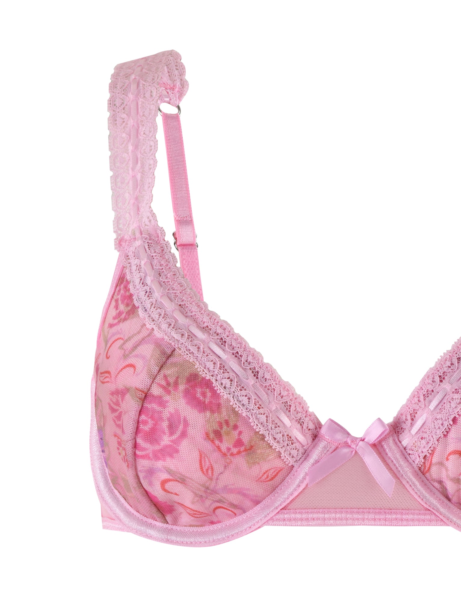 A close-up image of the Pandora Mesh Set - Pink: Delicate Floral bra by TigerMist. This elegant piece showcases lace-trimmed edges, adjustable shoulder straps, and a decorative bow in the center. The sheer mesh fabric enhances its floral pattern, adding an extra touch of elegance.