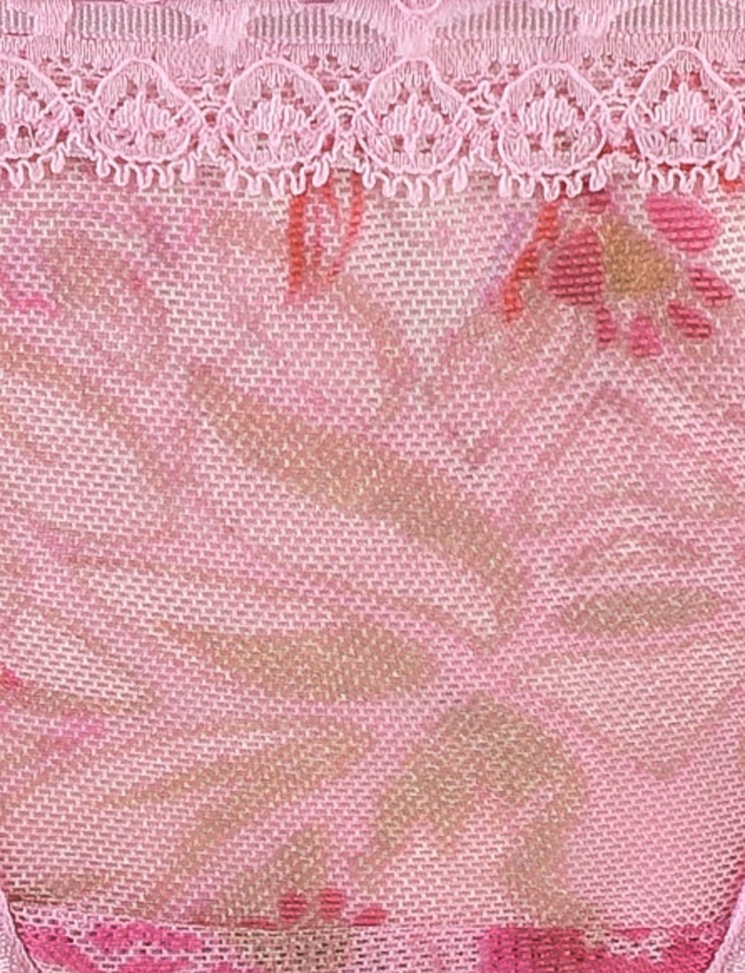 Close-up of the PANDORA MESH SET - PINK : DELICATE FLORAL fabric by TIGERMIST, showcasing an intricate pink floral lace design with a scalloped edge. The pattern features soft pink and green tones, overlaying a sheer mesh background.
