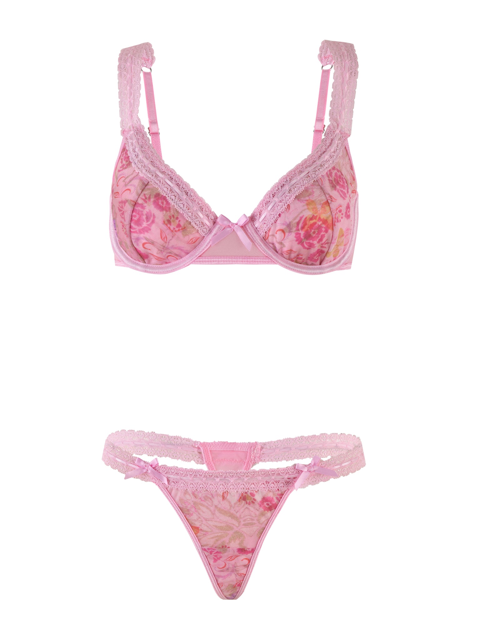 An image of the PANDORA MESH SET - PINK: DELICATE FLORAL by TIGERMIST. This lingerie set includes a bra and matching panties, both featuring pink floral lace trim. The bra is designed with sheer mesh panels, adjustable shoulder straps, and a small bow at the center. The panties are adorned with similar lace trim and flaunt a matching floral design to perfectly complement the bra.