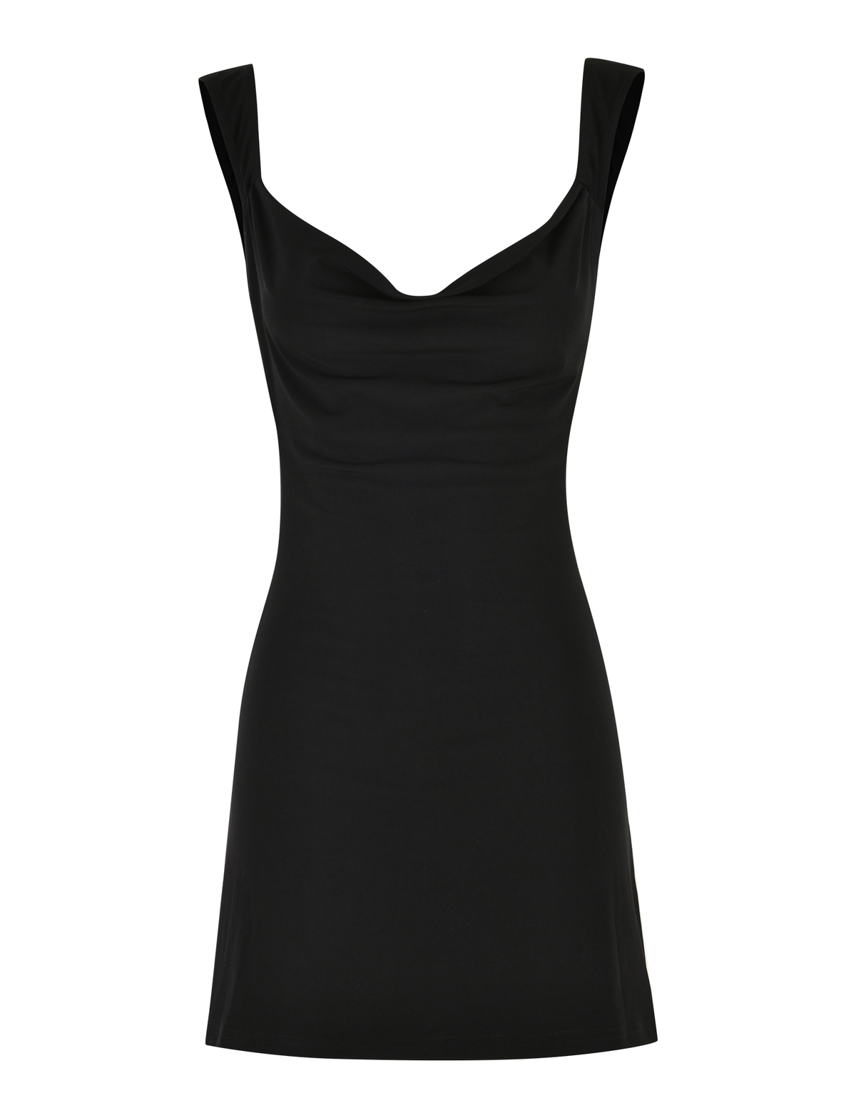 The TIGERMIST ZITA MINI DRESS - BLACK is a sleeveless, fitted mini dress with a cowl neckline and short hem, shown against a plain white background.