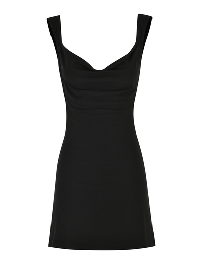 The TIGERMIST ZITA MINI DRESS - BLACK is a sleeveless, fitted mini dress with a cowl neckline and short hem, shown against a plain white background.