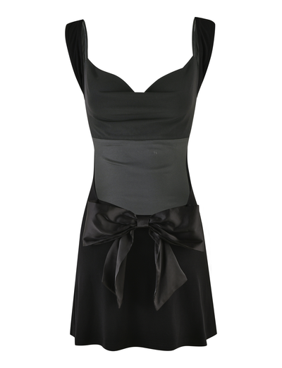 The TIGERMIST ZITA MINI DRESS - BLACK is a sleeveless mini dress featuring wide straps, a fitted bodice, large satin waist bow, shimmering A-line silhouette, and chic flared skirt.