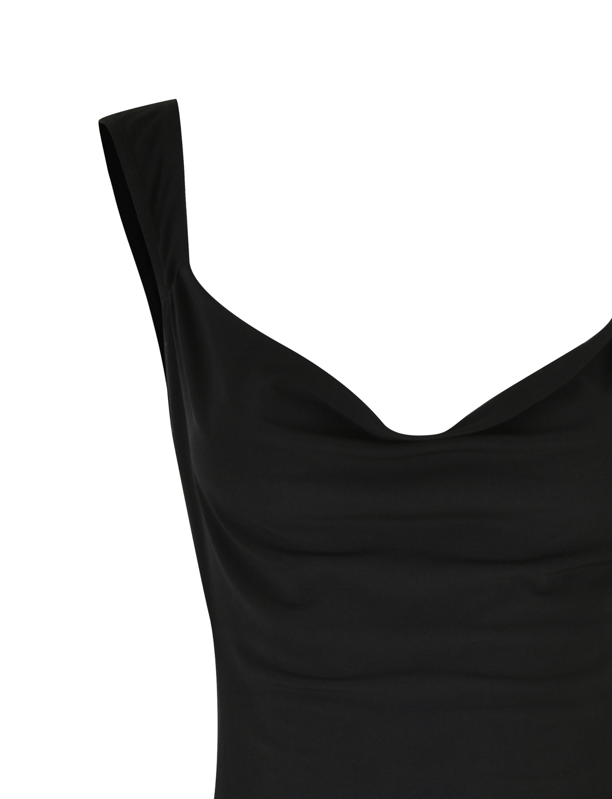 A close-up of the upper ZITA MINI DRESS - BLACK by TIGERMIST, a sleeveless mini dress featuring a draped neckline and subtle A-line silhouette, displayed against a white background.