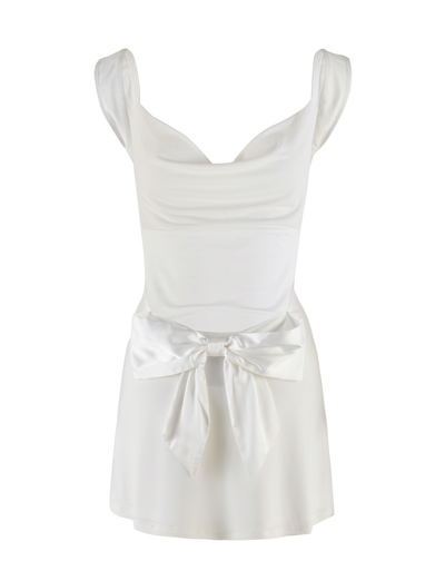 The TIGERMIST ZITA MINI DRESS in white features a sleeveless design, sweetheart neckline, large satin waist bow, and a flattering A-line silhouette.