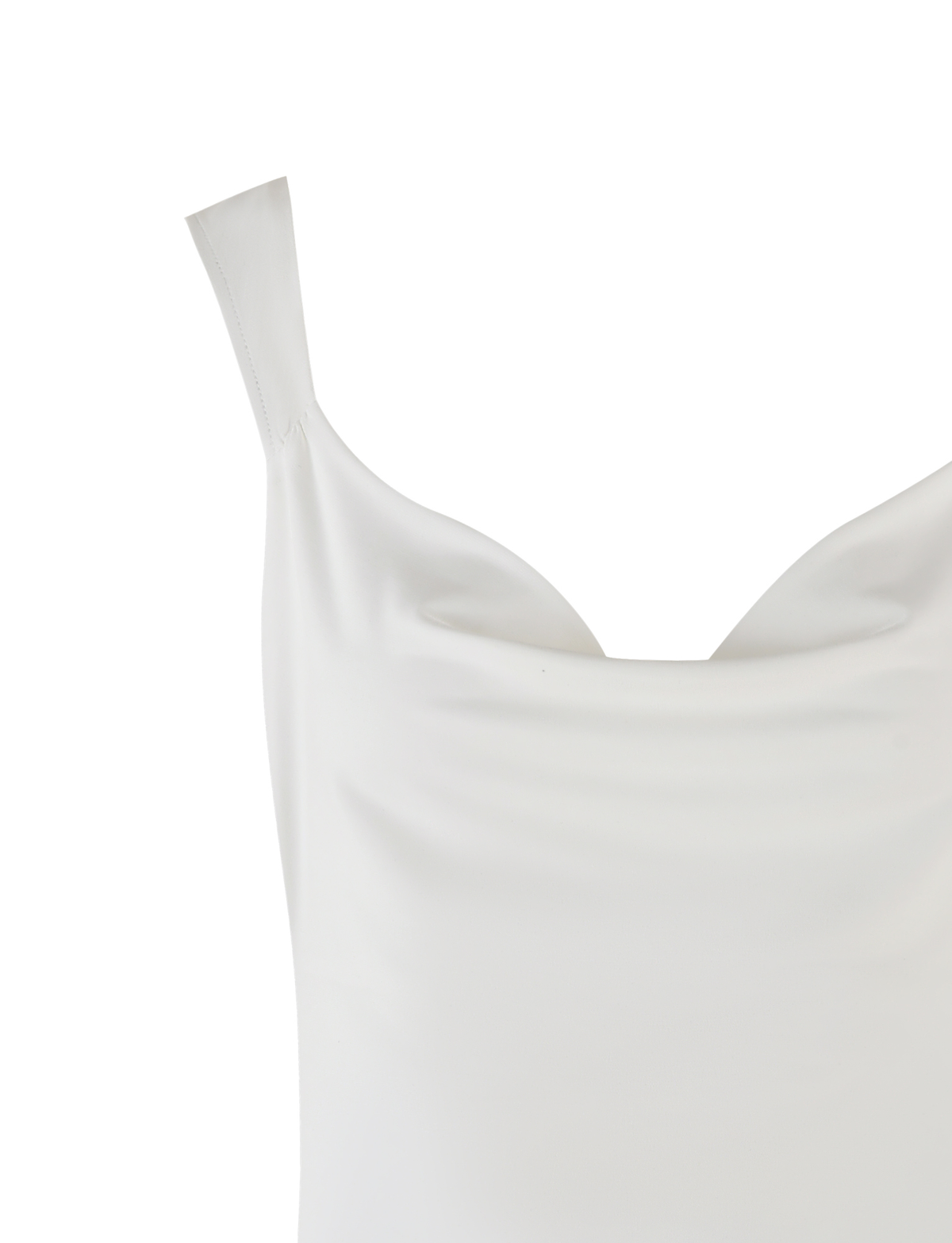 Close-up of the TIGERMIST ZITA MINI DRESS in white, featuring wide straps and a scoop cowl neck, displayed against a plain white background.