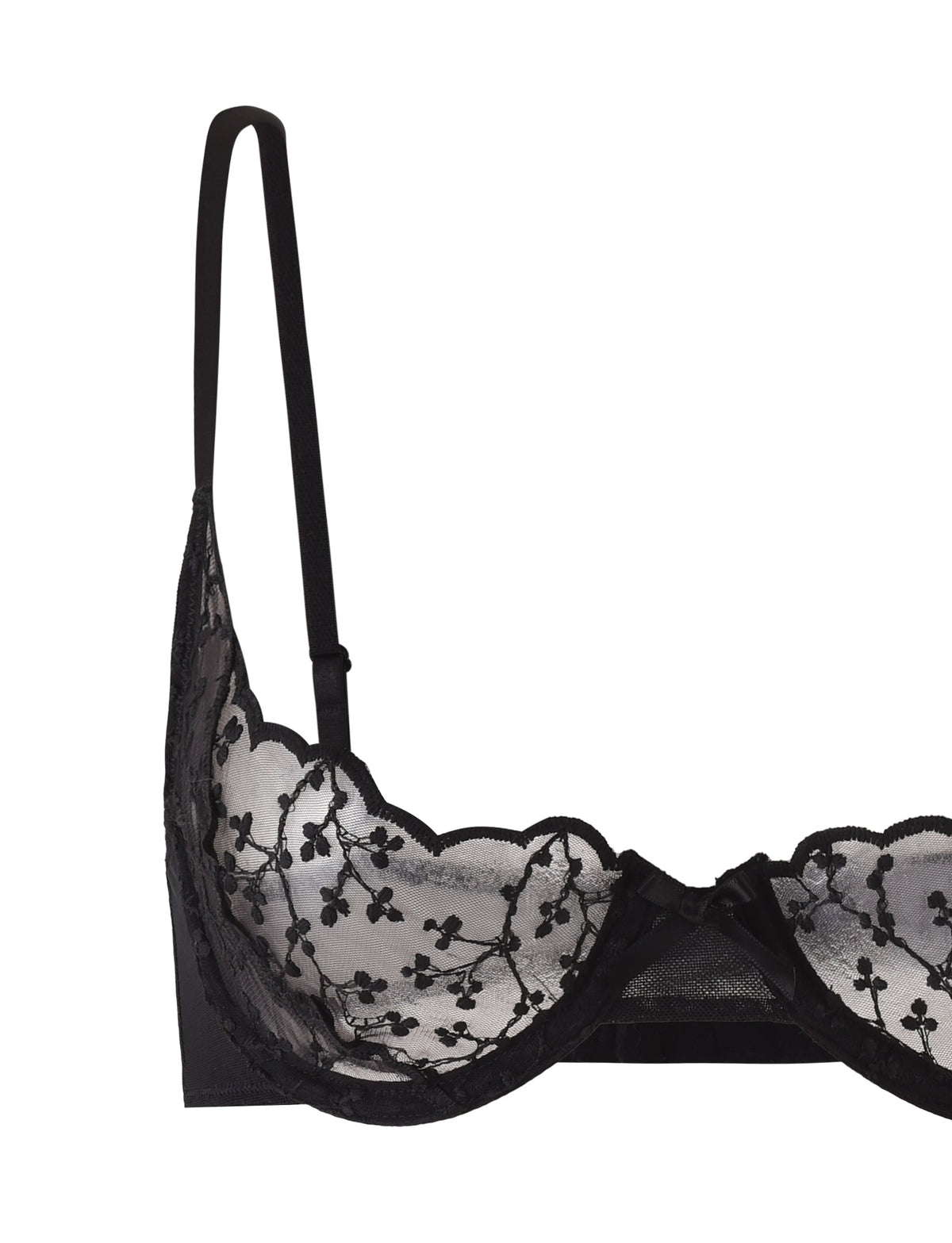 A TALIYAH SET - BLACK by TIGERMIST is shown, featuring a black lace bra with scalloped edges and floral embroidery. The underwire cup design offers excellent support, while adjustable shoulder straps and a small bow at the center of the front band add delicate touches.