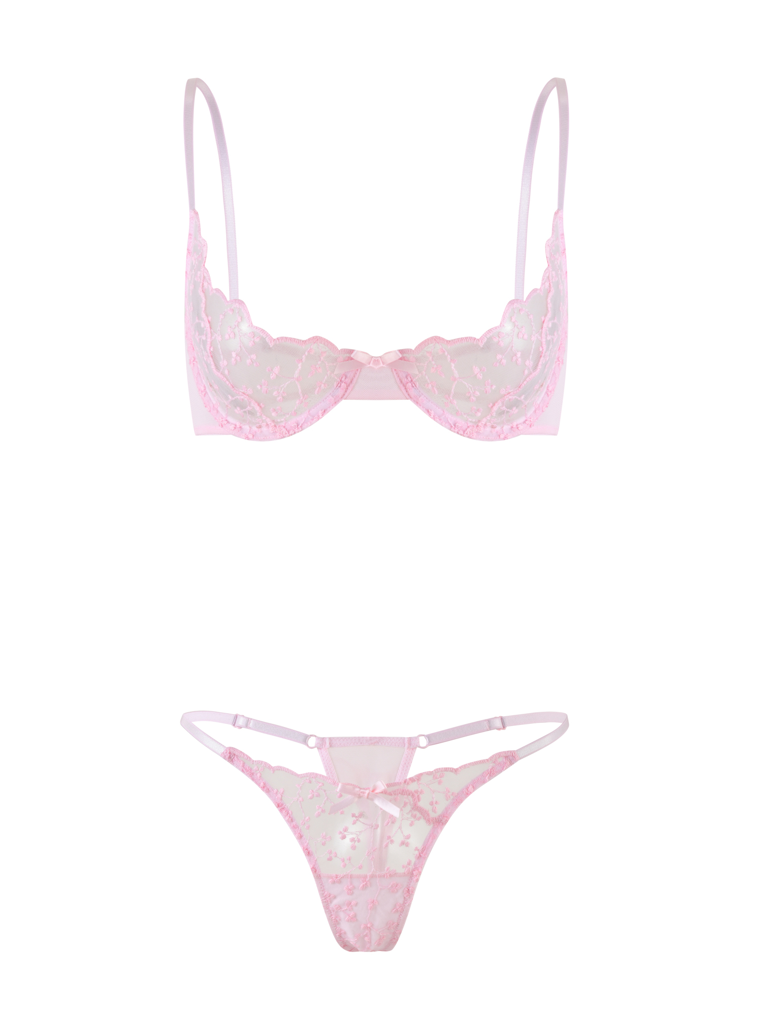The TIGERMIST TALIYAH SET - PINK features a baby pink lace underwire bra with thin straps and matching sheer embroidered mesh panties with side straps, shown against a white background.