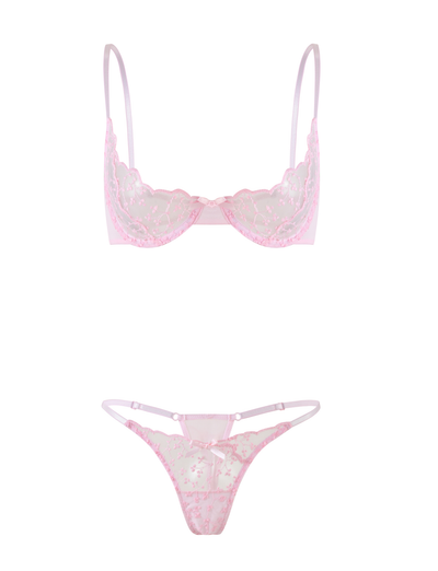 The TIGERMIST TALIYAH SET - PINK features a baby pink lace underwire bra with thin straps and matching sheer embroidered mesh panties with side straps, shown against a white background.