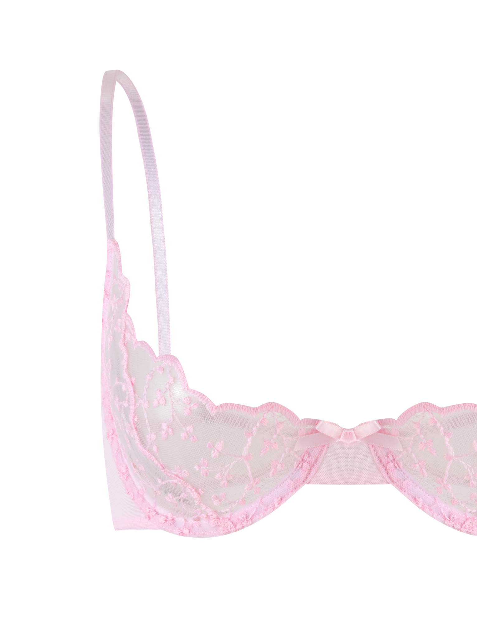 A baby pink lace bra from TIGERMIST’s TALIYAH SET, featuring sheer embroidered mesh cups, floral accents, underwire support, and satin straps, shown on a white background.