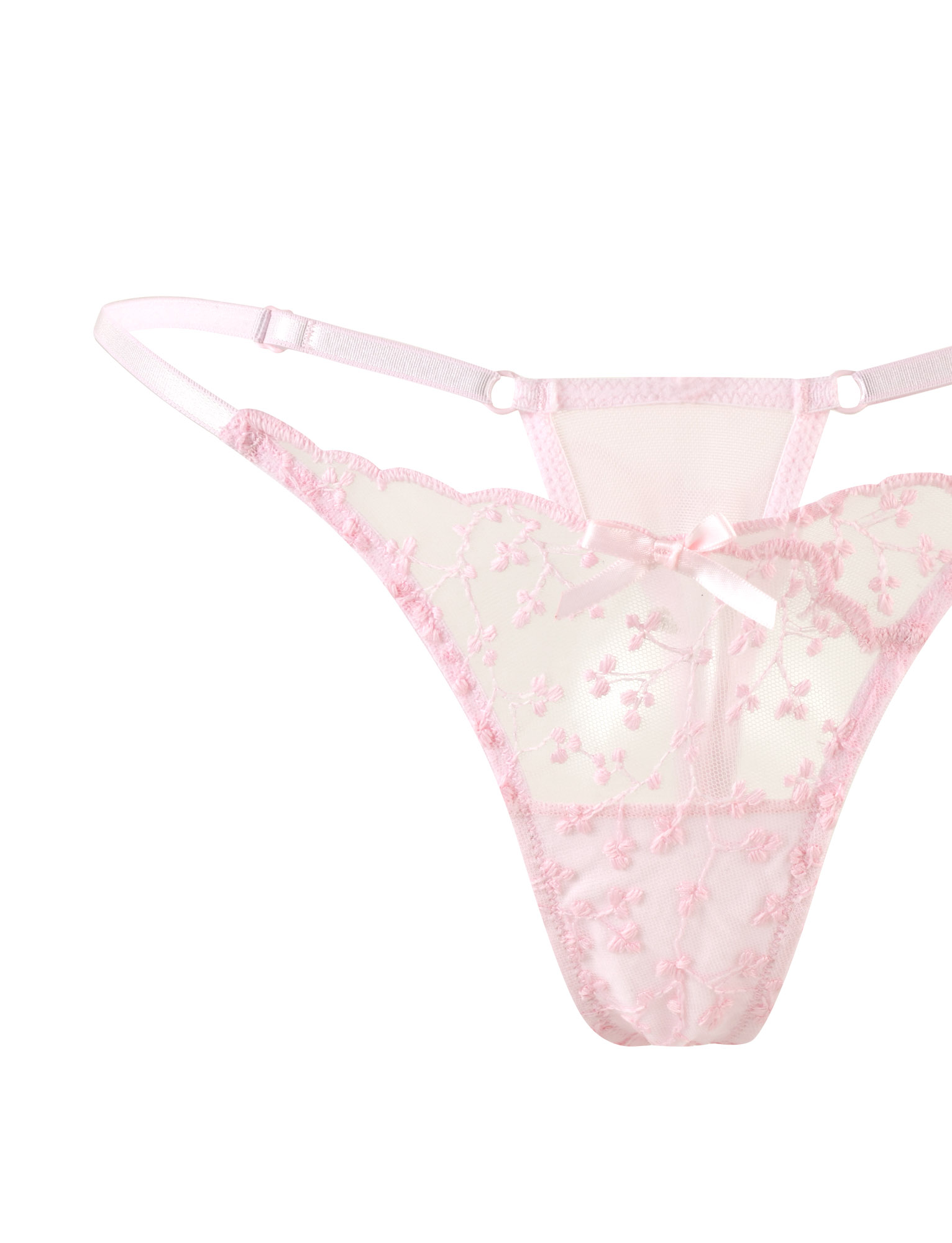 The TIGERMIST TALIYAH SET in baby pink features a delicate lace thong with floral embroidered mesh, thin side straps, and a central bow, shown against a white background.