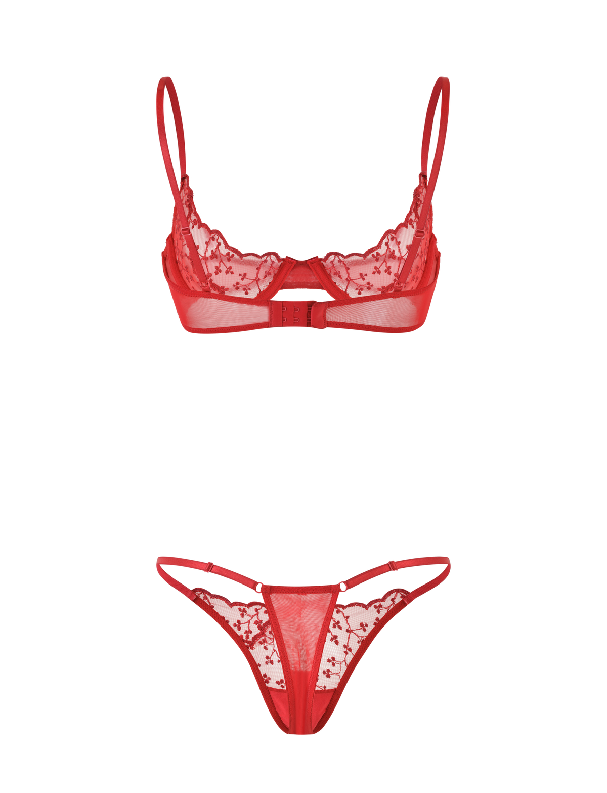 The TALIYAH SET - RED by TIGERMIST features a sheer underwire red bra and matching g-string in floral embroidered mesh, both shown flat on a plain background.