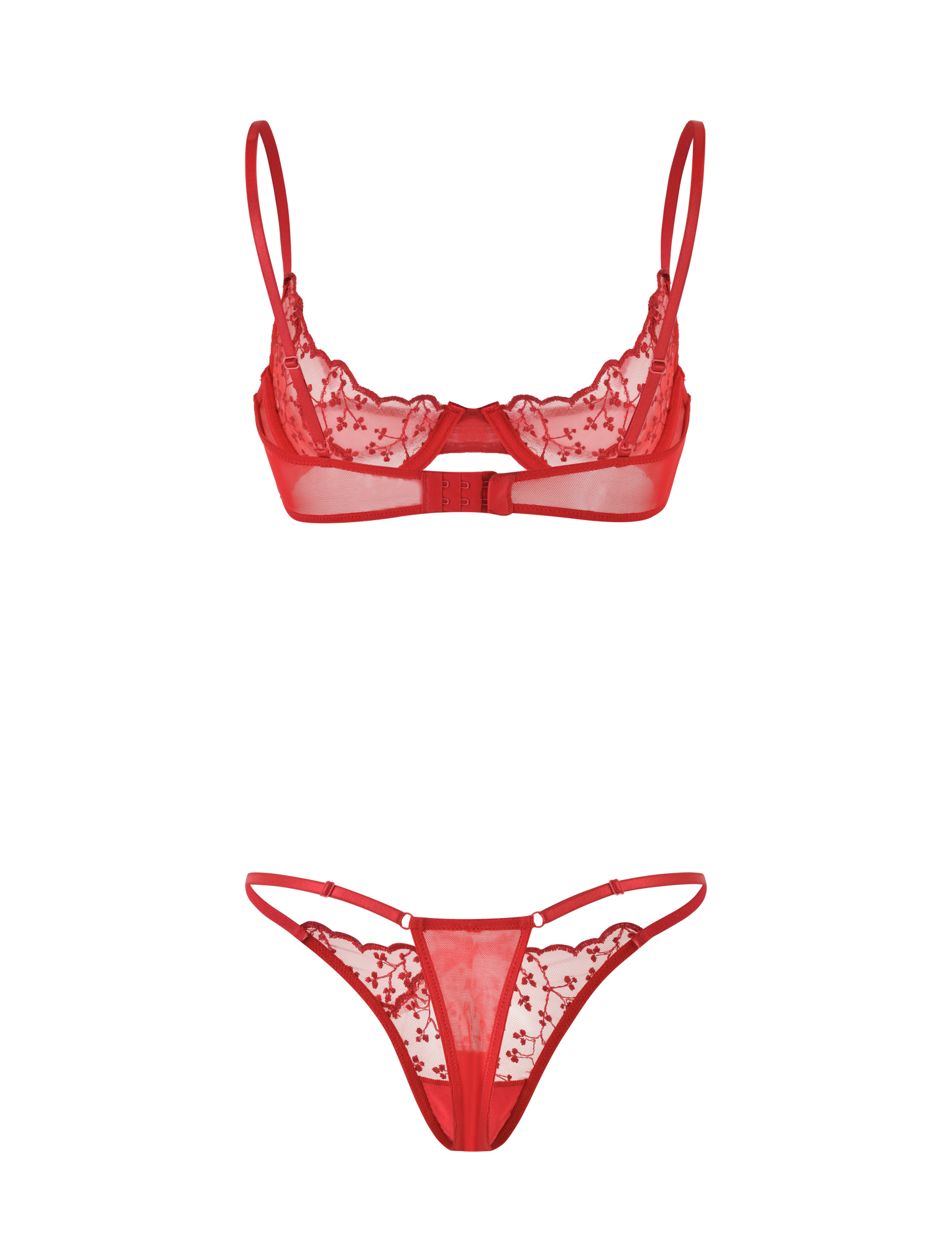 The TALIYAH SET - RED by TIGERMIST features a sheer underwire red bra and matching g-string in floral embroidered mesh, both shown flat on a plain background.