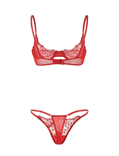 The TALIYAH SET - RED by TIGERMIST features a sheer underwire red bra and matching g-string in floral embroidered mesh, both shown flat on a plain background.