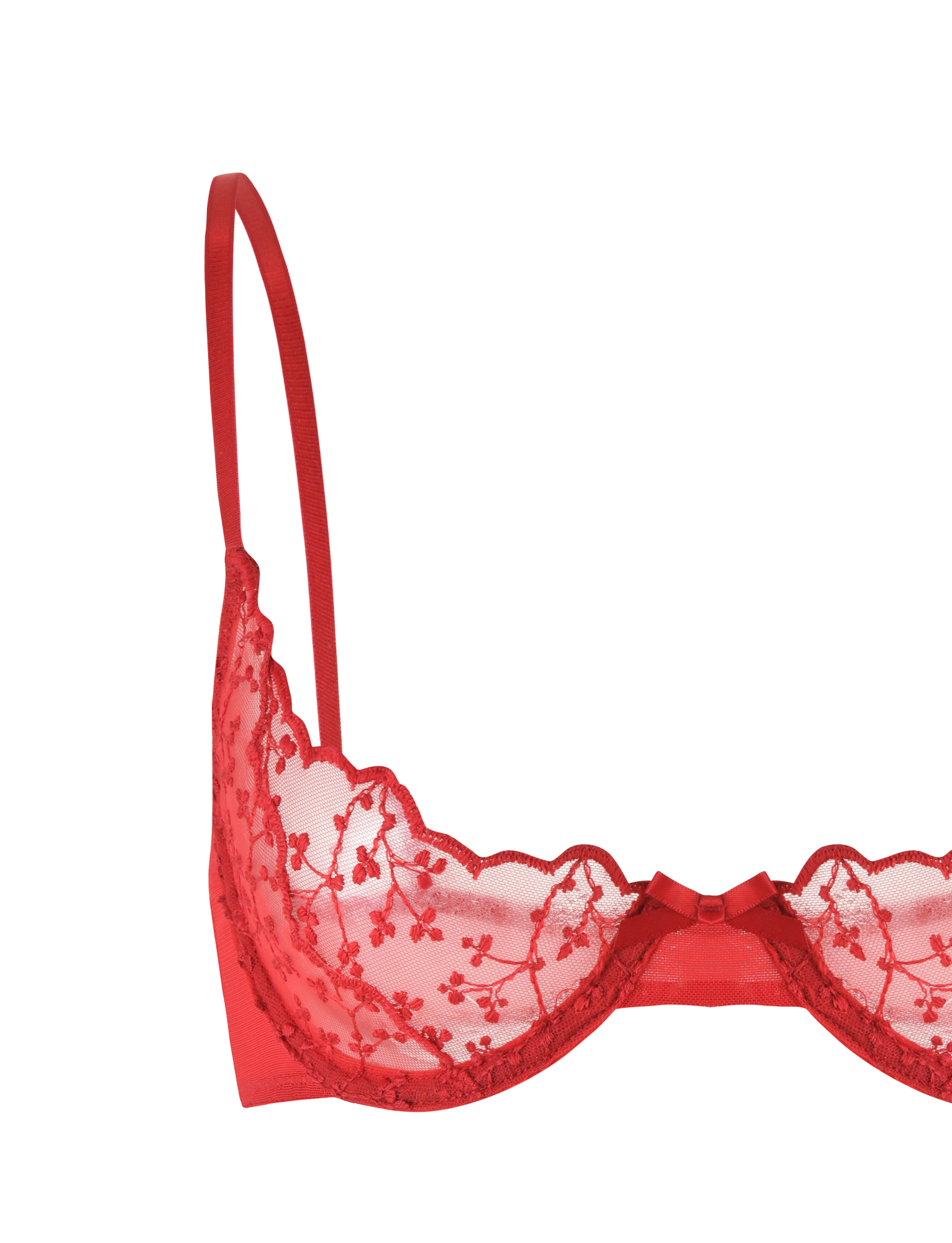 The TALIYAH SET - RED by TIGERMIST includes a red bra and g-string with underwire support, sheer floral-embroidered mesh, and adjustable straps, shown against a plain background.