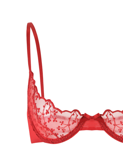 The TALIYAH SET - RED by TIGERMIST includes a red bra and g-string with underwire support, sheer floral-embroidered mesh, and adjustable straps, shown against a plain background.