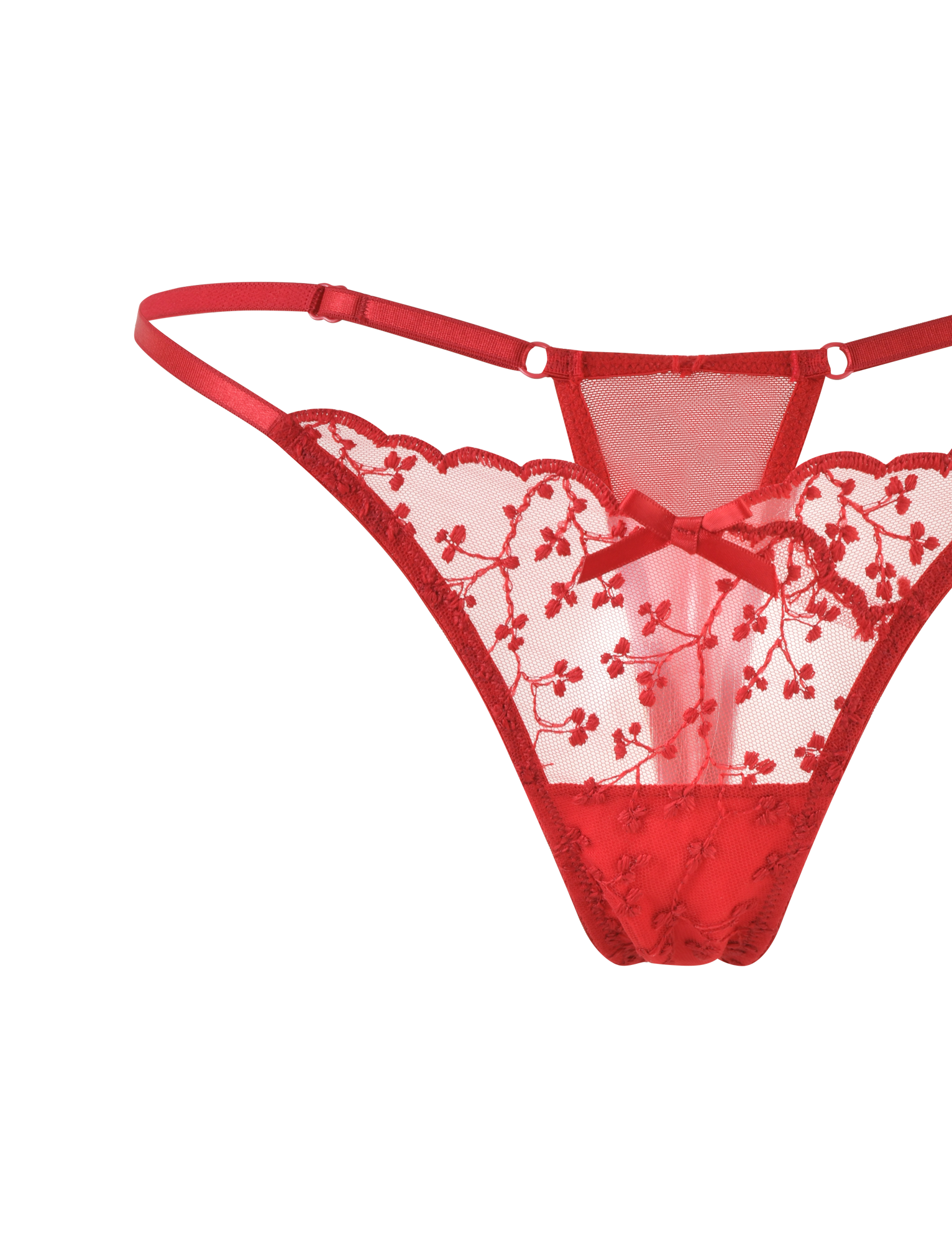 The TALIYAH SET - RED by TIGERMIST features a sheer red lace thong with floral embroidery, a satin front bow, and thin elastic side straps—ideal for pairing with your favorite red lingerie.