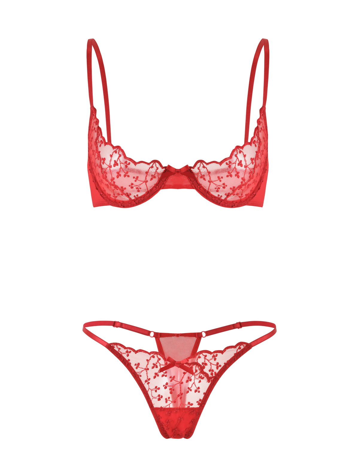 The TIGERMIST TALIYAH SET - RED includes a red bra and g-string with underwire cups, adjustable straps, and sheer embroidered mesh floral lace for a delicate, sultry look.