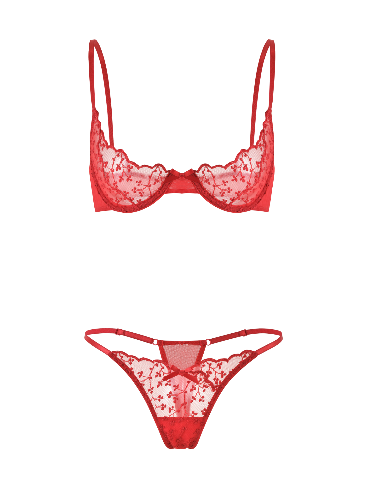 The TIGERMIST TALIYAH SET - RED includes a red bra and g-string with underwire cups, adjustable straps, and sheer embroidered mesh floral lace for a delicate, sultry look.