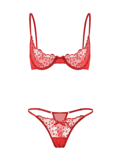 The TIGERMIST TALIYAH SET - RED includes a red bra and g-string with underwire cups, adjustable straps, and sheer embroidered mesh floral lace for a delicate, sultry look.