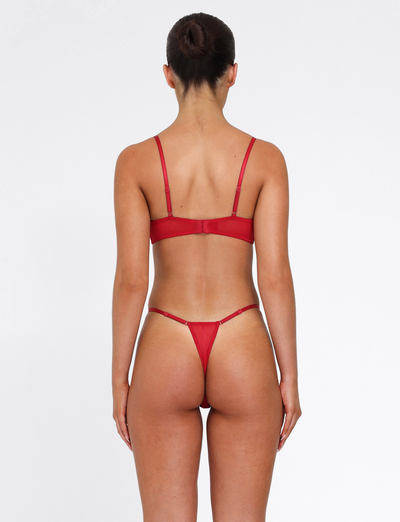 A woman with dark hair in a bun stands with her back to the camera, modeling the TIGERMIST TALIYAH SET - RED, featuring an embroidered mesh bra and g-string, against a plain white background.