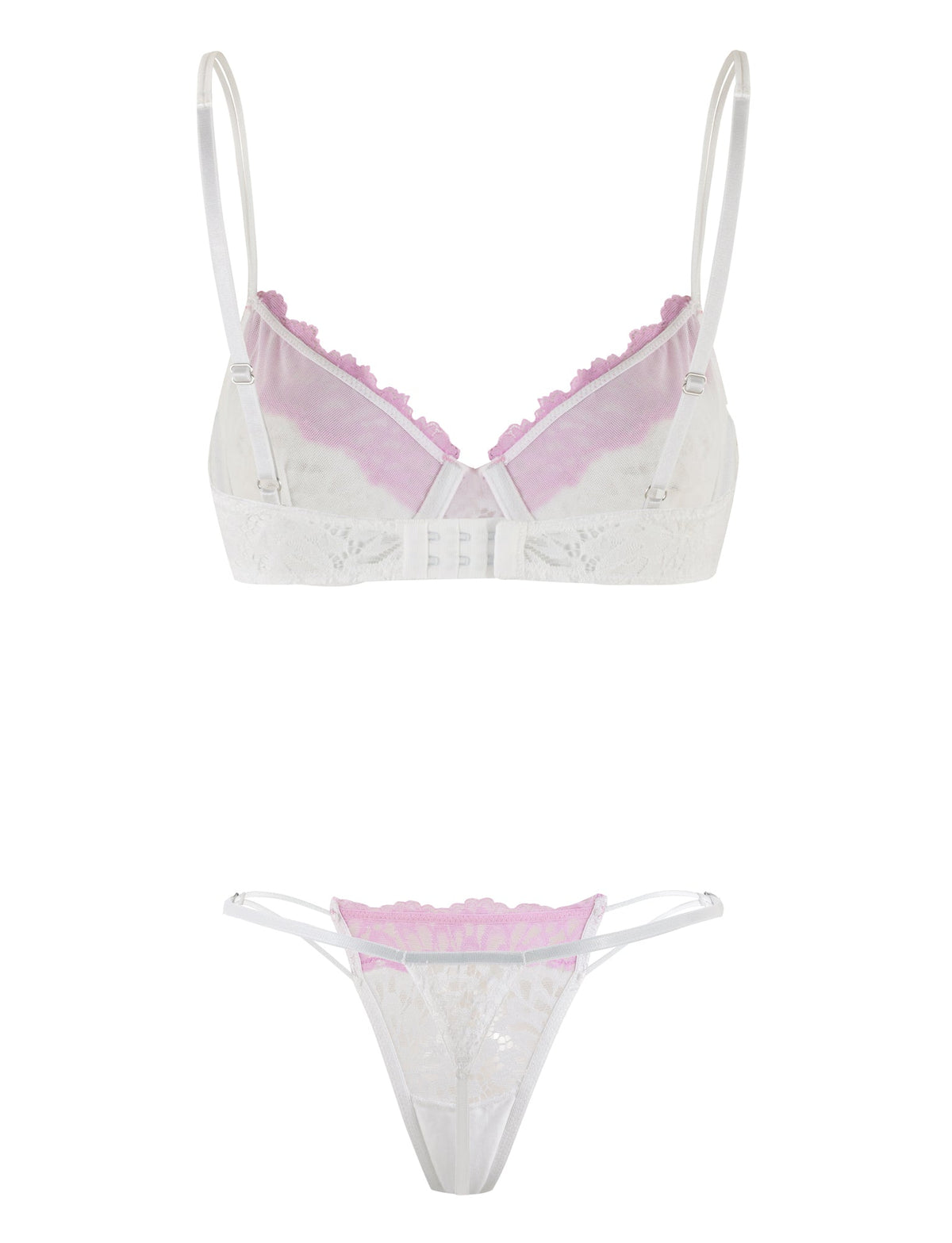 Introducing the DEVYN SET - MULTI in White/Pink by TIGERMIST, a lingerie set featuring a white lace bralette with thin, adjustable shoulder straps and pastel pink trim, paired with a matching white lace thong. The intricate lace patterns and detailed pink trim create an elegant look.