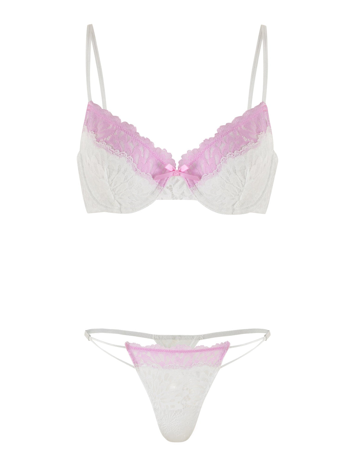 The DEVYN SET - MULTI : WHITE/ PINK by TIGERMIST features a white lace bra with light pink detailing on the upper cups and a small pink bow in the center, paired with matching white lace bottoms that have light pink detailing on the waistband and semi-sheer sides. The bra includes adjustable shoulder straps for a perfect fit.