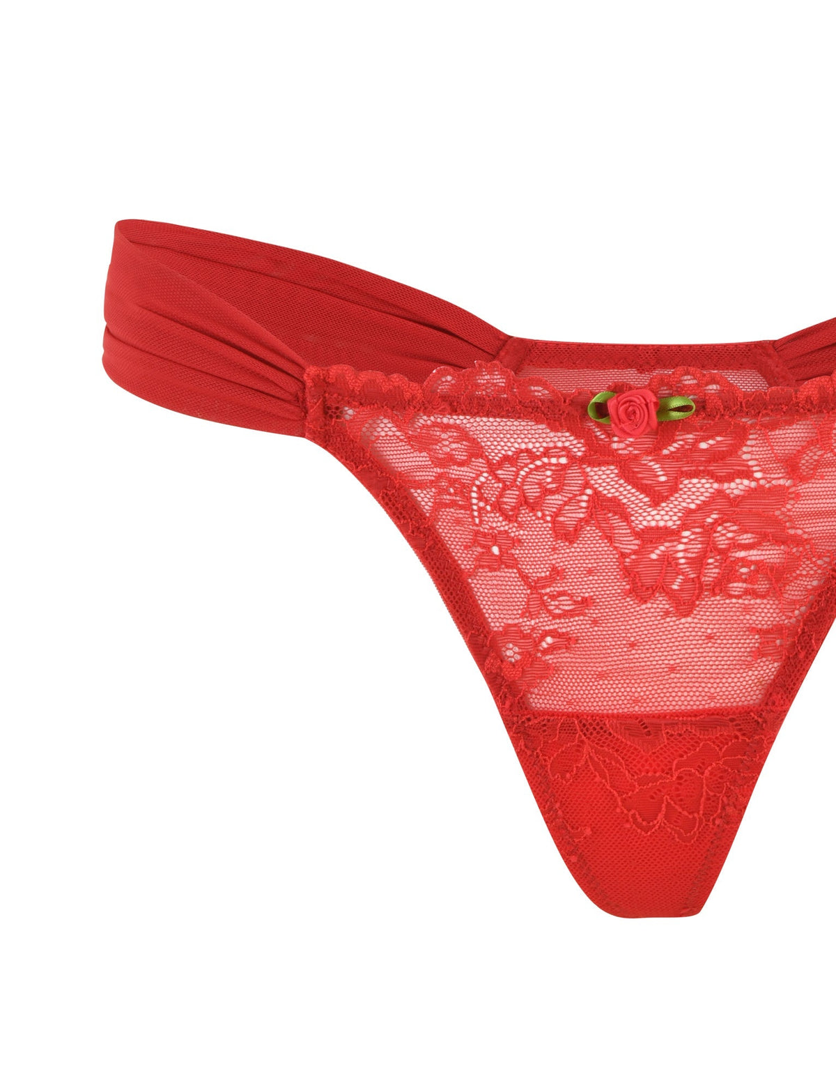A close-up image of the LUANA SET - RED lace thong by TIGERMIST, showcasing an intricate floral pattern. The thong features a small ornamental rose detail at the center of the waistband and is made from high stretch fabric for comfort. The image focuses on the front part of the thong, highlighting its delicate design.