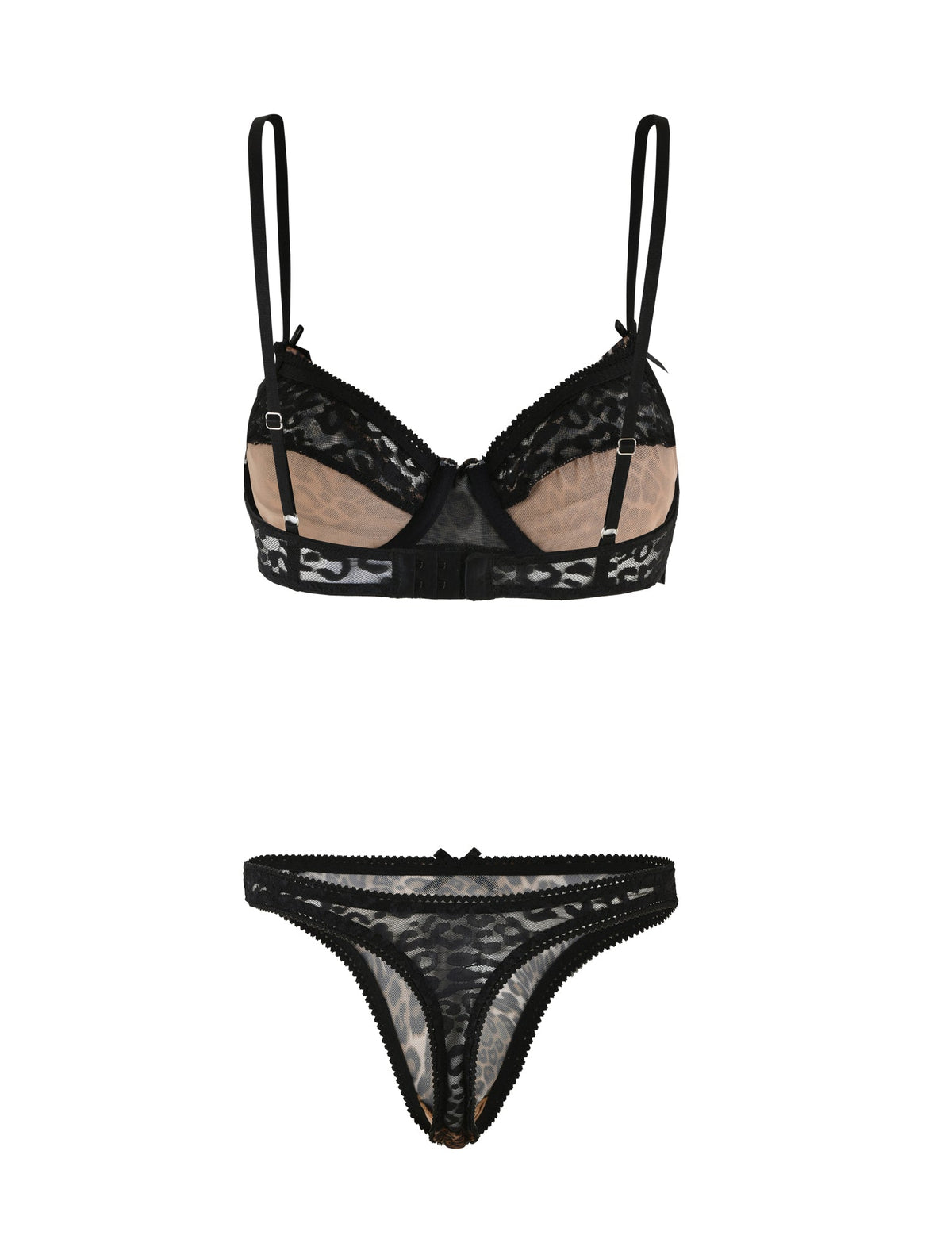 The ALANIS SET - NEUTRAL: LEOPARD from TIGERMIST is a stunning black lingerie set featuring a captivating leopard print design. This mesh and lace ensemble includes an alluring, lace-trimmed bra with adjustable straps and a matching g-string. The bra provides underwire support and has a back clasp closure, while the g-string features a sheer, lace-trimmed waistband.