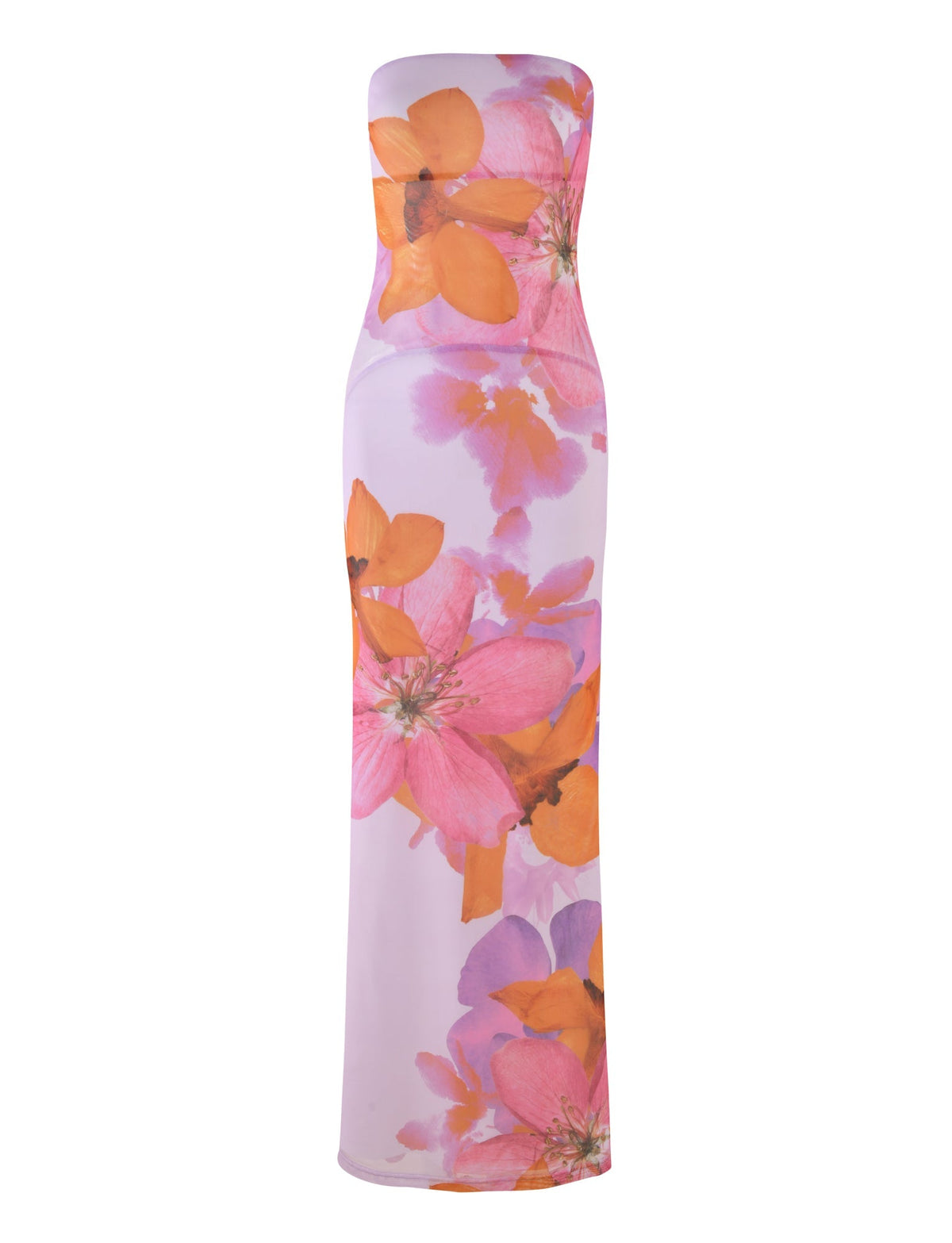 The MORGAN DRESS - PINK : BY POPPY SUMMER from TIGERMIST is a stunning strapless, floor-length bodycon dress adorned with a vibrant floral print of large orange and pink flowers on a light purple background. This Tiger Mist x By Poppy creation features a form-fitting silhouette and sleek, elegant design, perfect for any occasion.