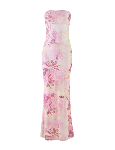 The TIGERMIST MORGAN MESH DRESS in Grunge Floral Magenta features a strapless neckline and pink floral print with light purple accents on a soft background.