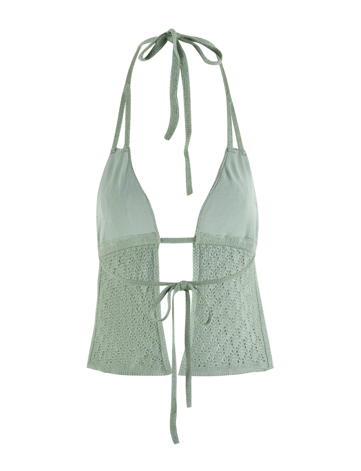 The COLLINA TOP - GREEN by TIGERMIST is a light green crochet halter top with functional halter ties at the back of the neck and an adjustable front tie. It features a blend of solid fabric and intricate crochet patterns below the bust, providing both style and comfort.