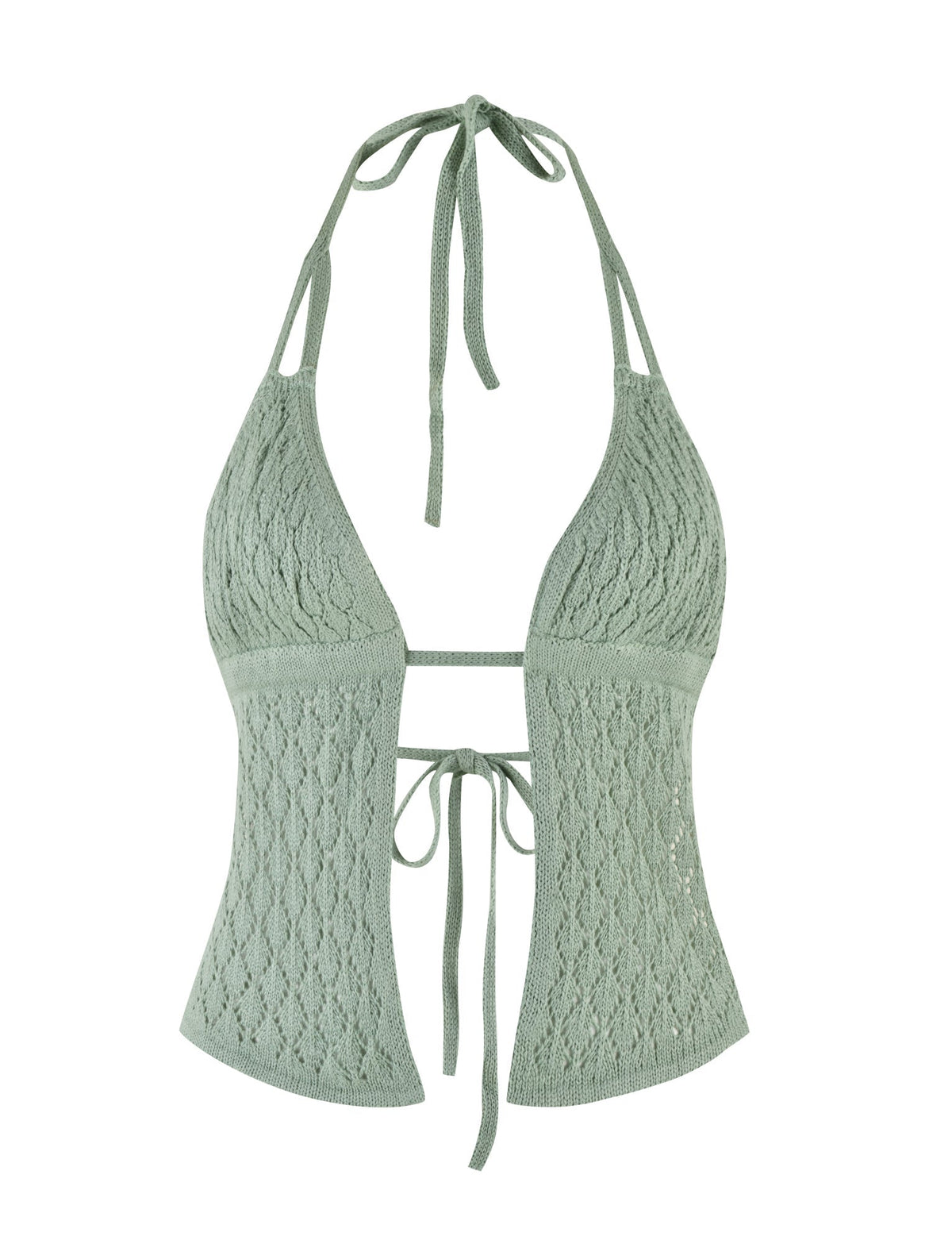 The COLLINA TOP - GREEN by TIGERMIST is a light green crochet top that features functional halter ties at the neck and back, with intricate knit patterns throughout. The design includes a slightly flared bottom hem and an open front tied together at the bust, creating a stylish and breezy look.
