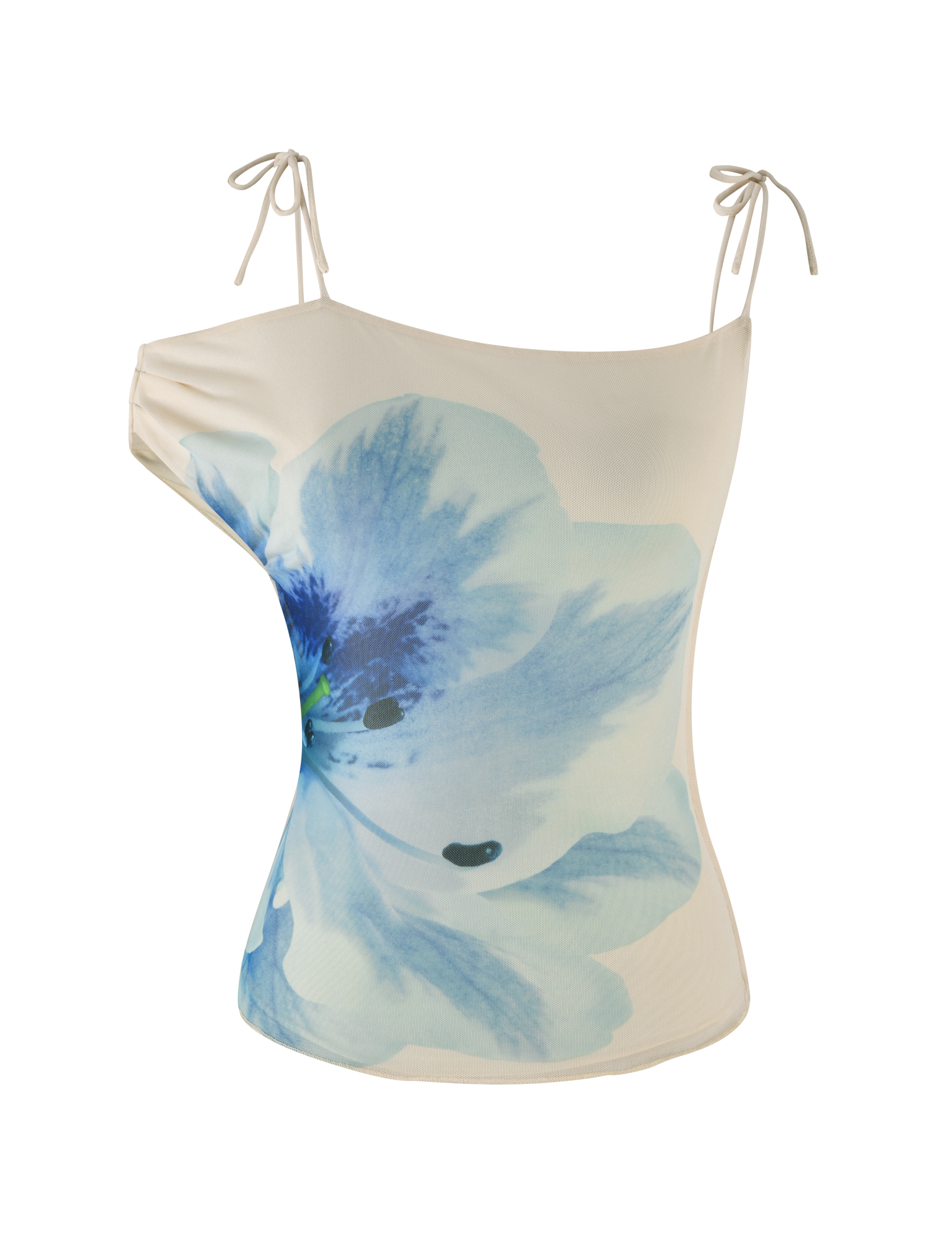 The LILLIAN TOP by TIGERMIST features a cream floral print, asymmetrical neckline, and thin shoulder ties for a stylish look.
