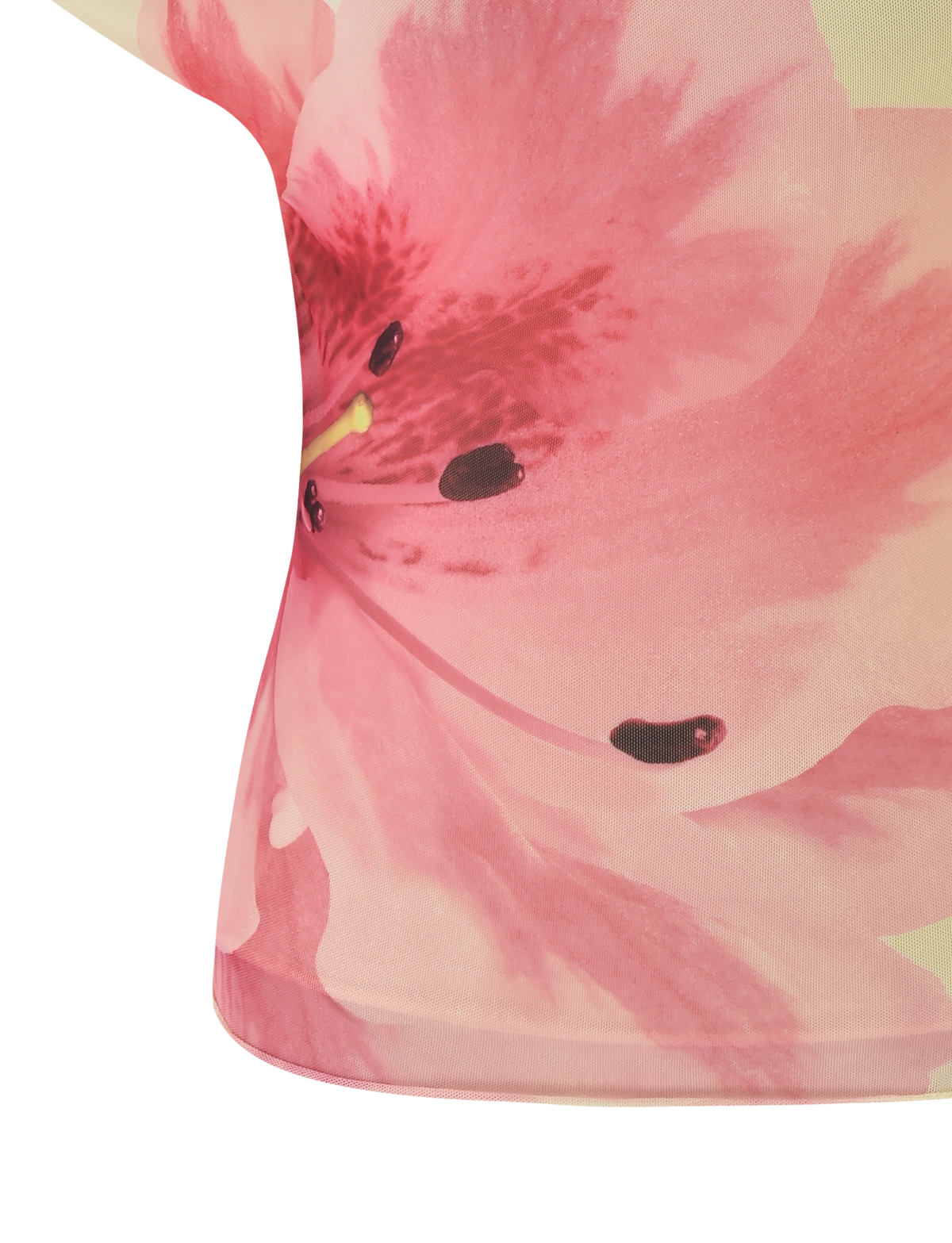 A close-up of the TIGERMIST LILLIAN TOP - YELLOW shows its off-shoulder style and large, detailed floral pattern with dark pink and yellow accents, highlighting the side and front of the shirt.