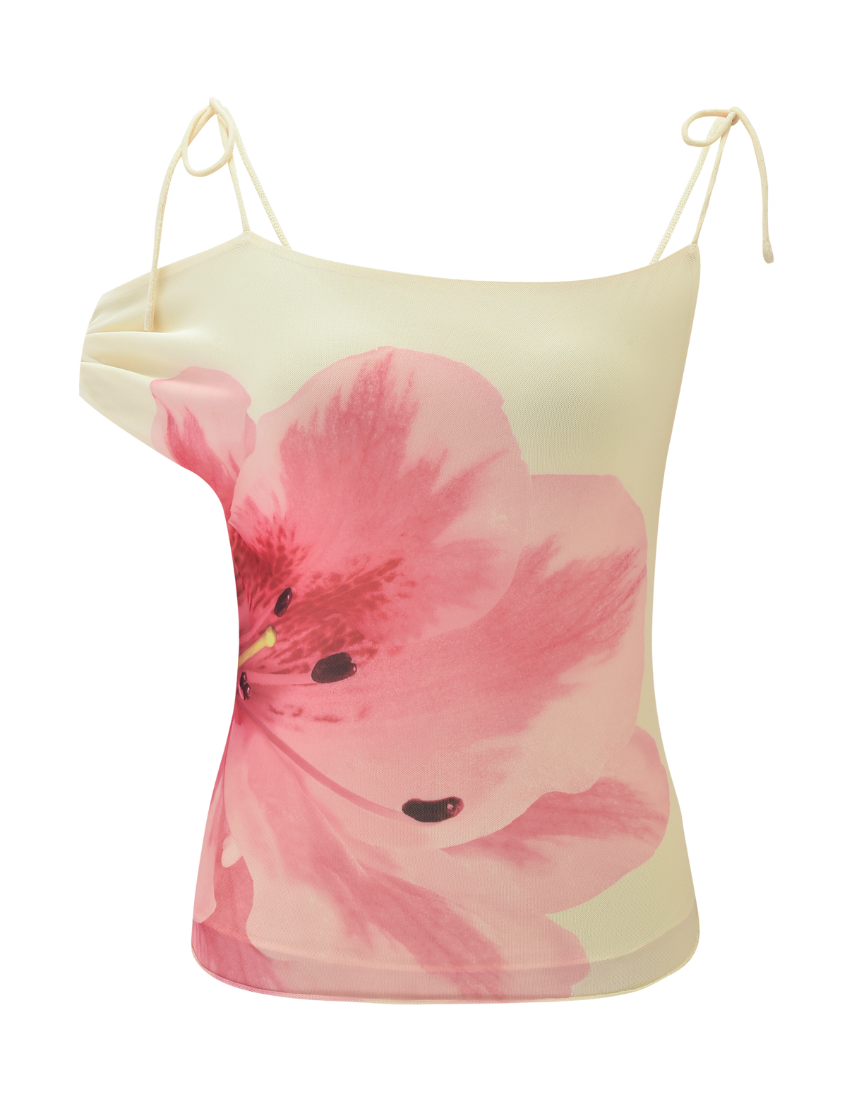 The LILLIAN TOP by TIGERMIST is a yellow spaghetti strap camisole adorned with a bold, vibrant pink floral design on the front.