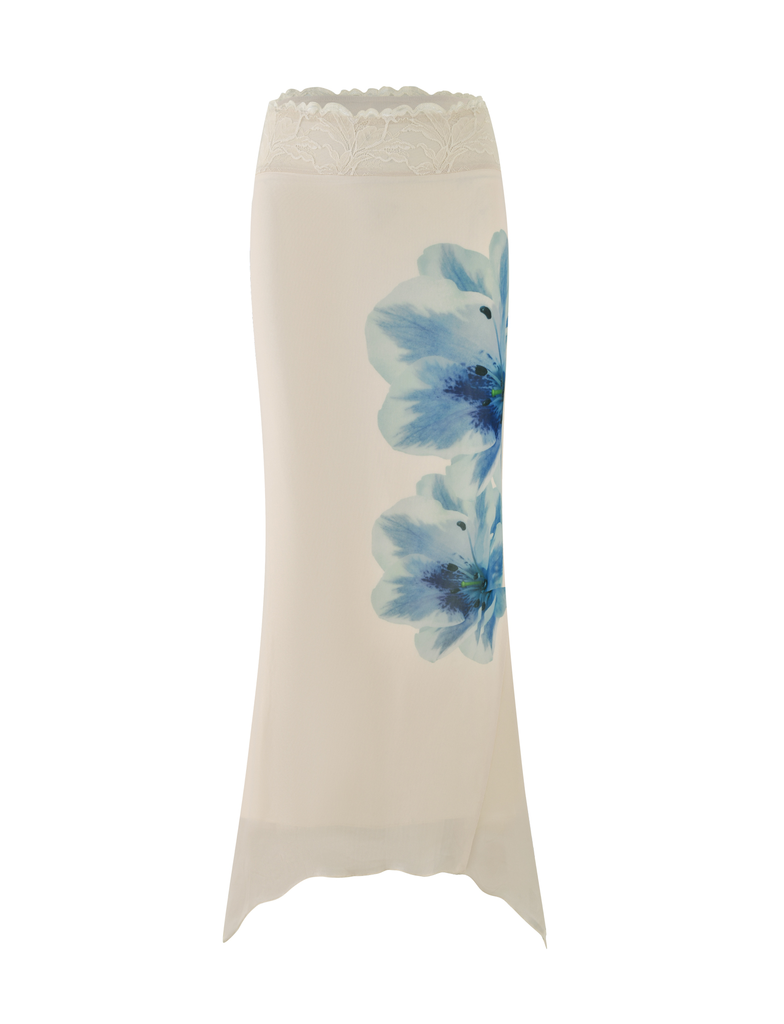 The LILLIAN SKIRT by TIGERMIST is a cream maxi skirt with a lace waistband and bold blue floral prints on the side, shown against a white background.