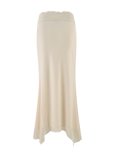 The LILLIAN SKIRT by TIGERMIST features a cream floral print, fitted waist, delicate lace trim, and flowing maxi length, shown against a white background.