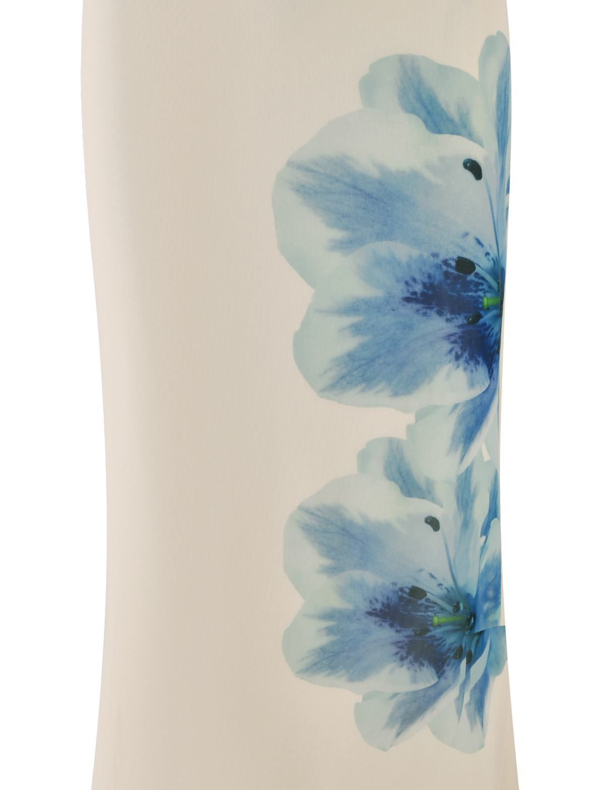 Close-up of the TIGERMIST LILLIAN SKIRT in cream, featuring a blue floral print with two large watercolor-style blue flowers and delicate petals on the right side.