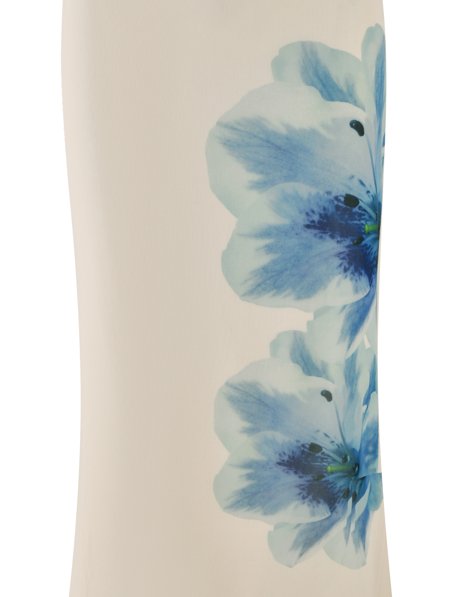 Close-up of the TIGERMIST LILLIAN SKIRT in cream, featuring a blue floral print with two large watercolor-style blue flowers and delicate petals on the right side.