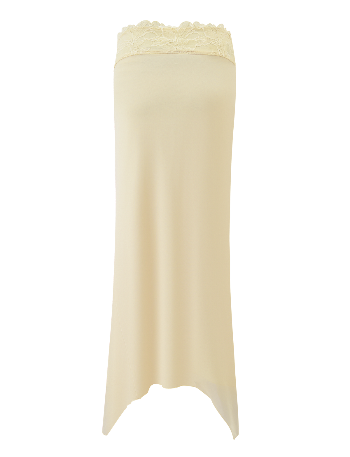 The cream-colored, strapless tube top with scalloped lace trim creates a fresh, summery look when paired with TIGERMIST's LILLIAN SKIRT in yellow.