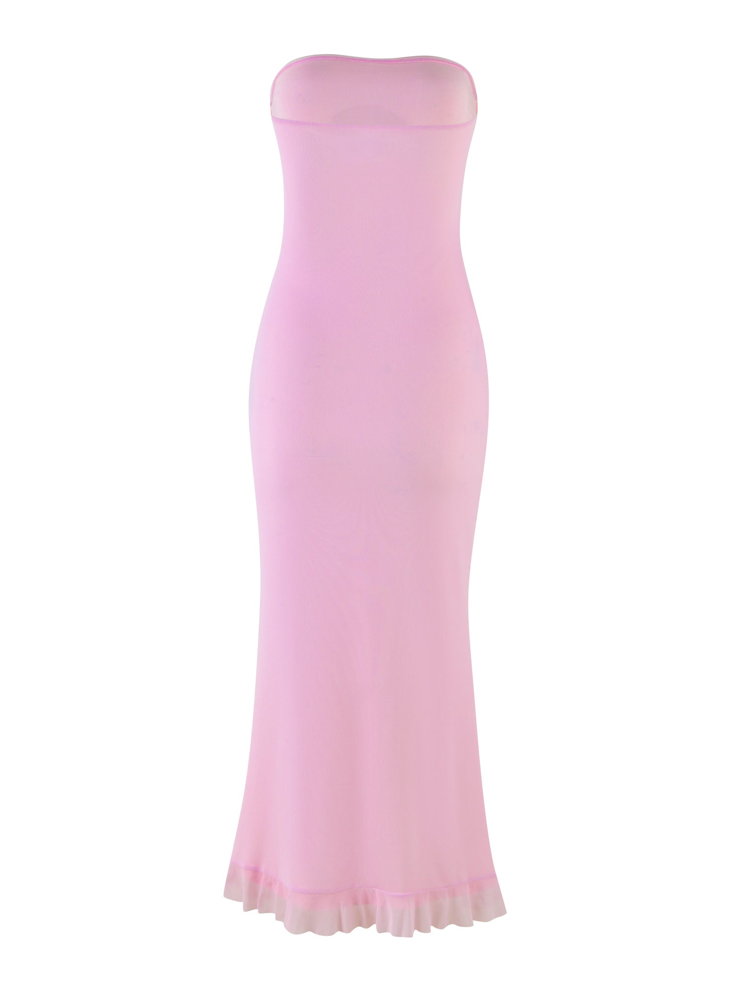 The LILLIAN DRESS - PINK from TIGERMIST is showcased against a plain white background. The strapless, floor-length dress, in baby pink with a subtle floral print, is form-fitting and flares out slightly at the bottom with a ruffled hem, creating an elegant mermaid silhouette. The fabric looks smooth and lightweight.