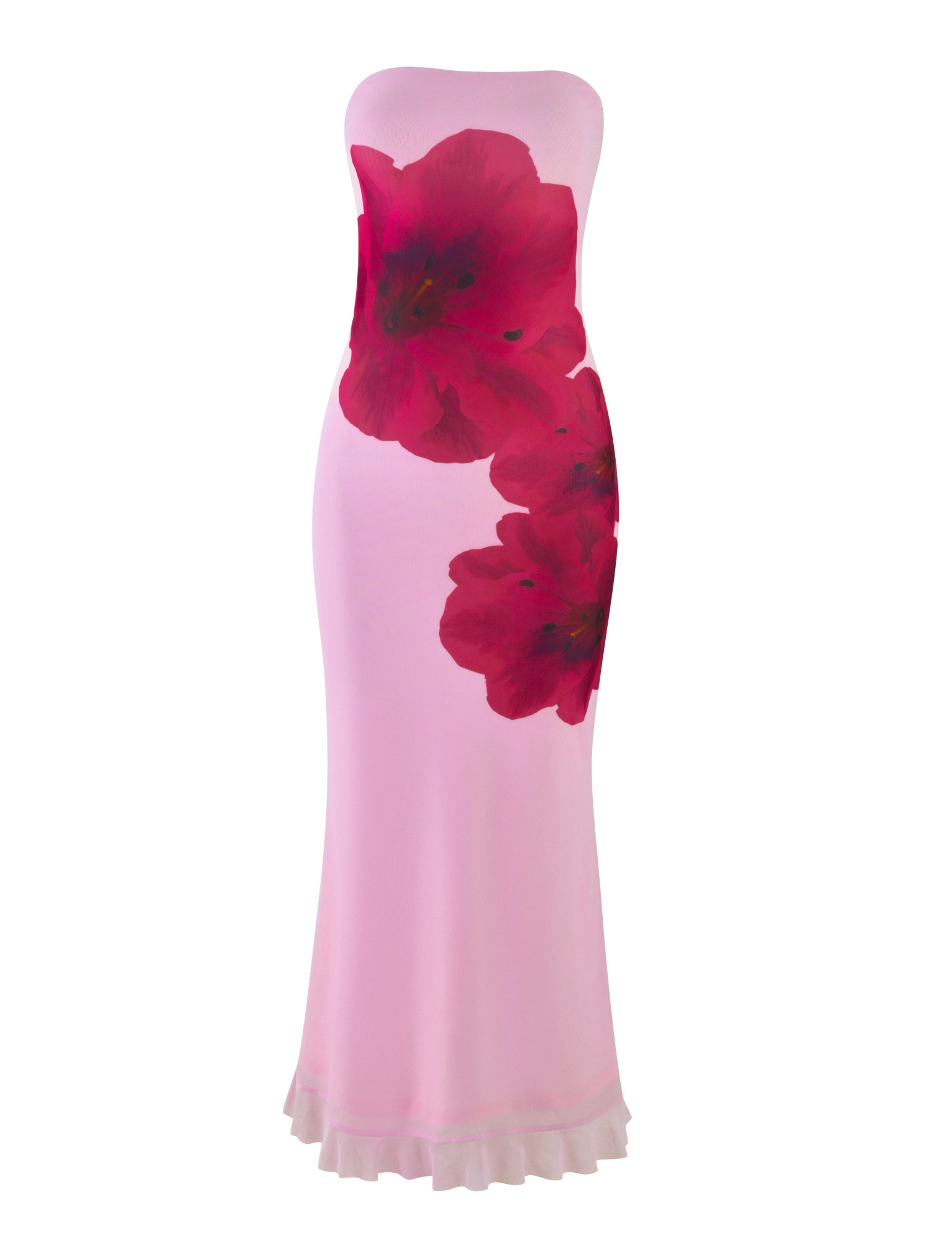 The TIGERMIST LILLIAN DRESS in BABY PINK is a strapless, floor-length gown featuring two large red floral prints on the front. It has a slightly flared, ruffled hemline that adds a charming touch.