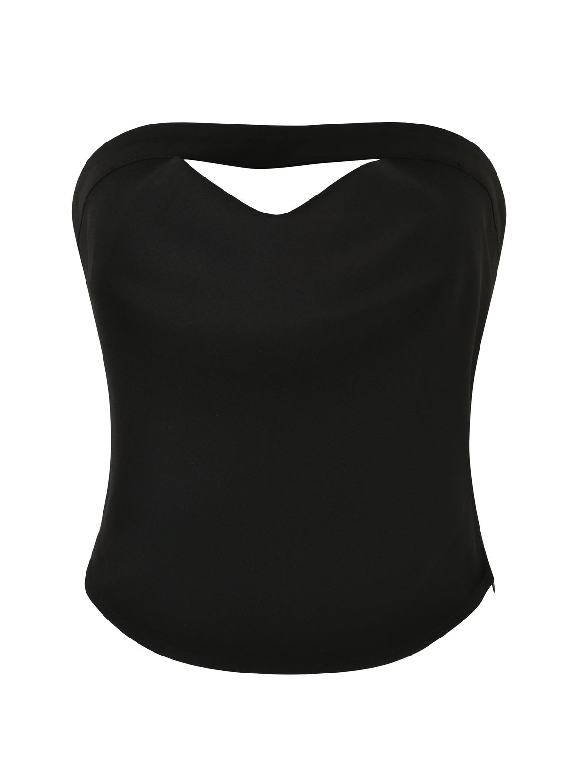 The AUDRIE TOP - BLACK by TIGERMIST is a chic and elegant black, mid-length top featuring a strapless sweetheart neckline on a plain white background. Its smooth fabric and sleek design exude sophistication.