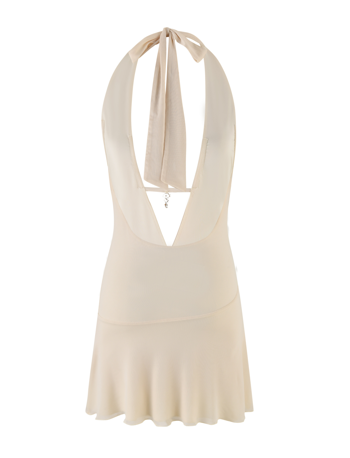 The BROOKS DRESS by TIGERMIST is a cream floral, sleeveless mesh dress with halter straps, deep V-neckline, open back, flared hem, and long neck ties.
