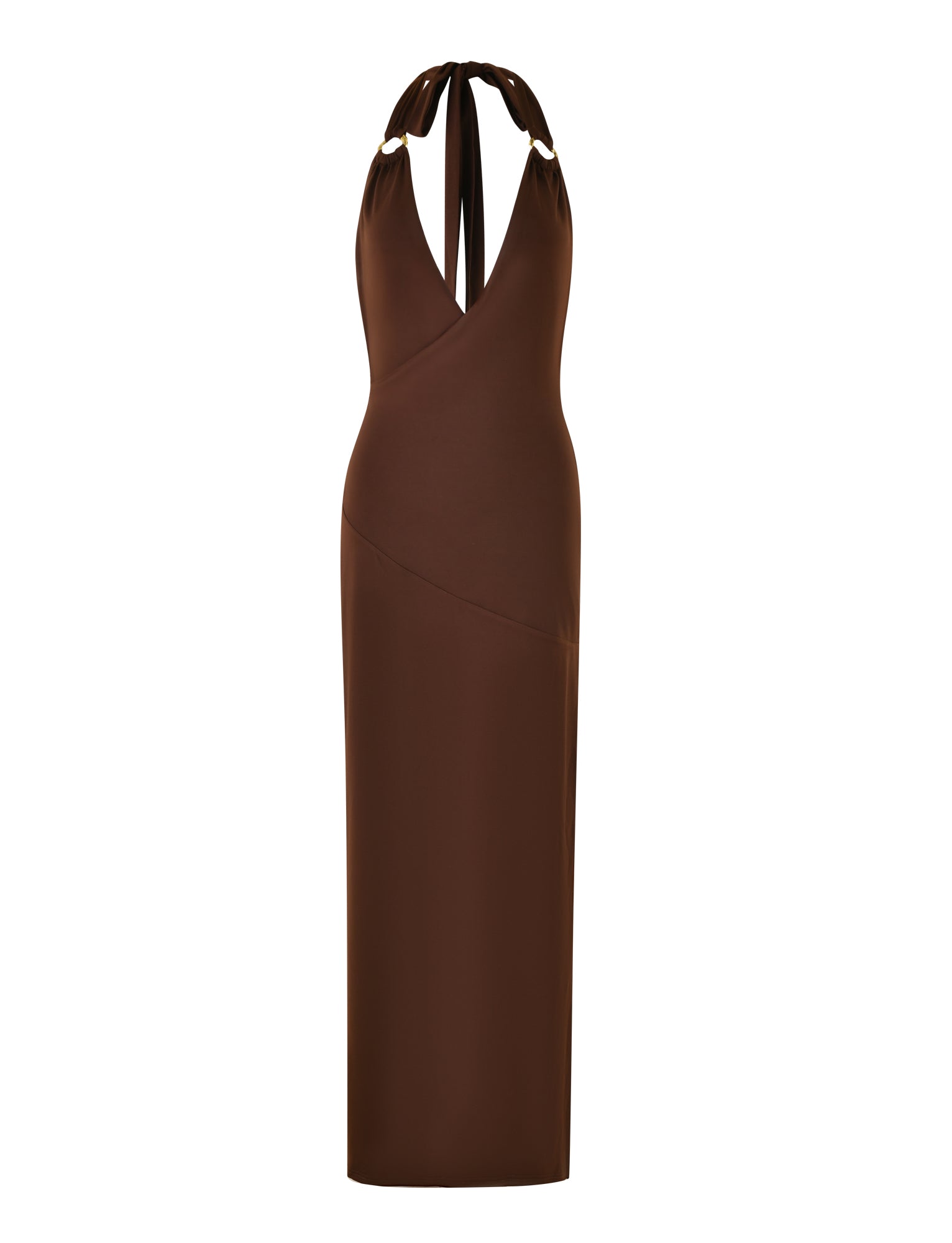 The MYLES DRESS - BROWN : CHOCOLATE by TIGERMIST is a sleeveless maxi dress in chocolate brown. Featuring a V-neckline and a fitted silhouette, the dress is accentuated with gold o-ring details that enhance its long, floor-length design. The fabric appears smooth and slightly shiny.