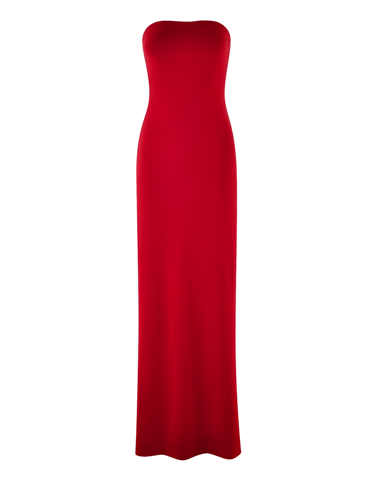 The DANIELA DRESS - RED by TIGERMIST is a strapless, fitted maxi dress in soft jersey fabric, shown on a plain white background.