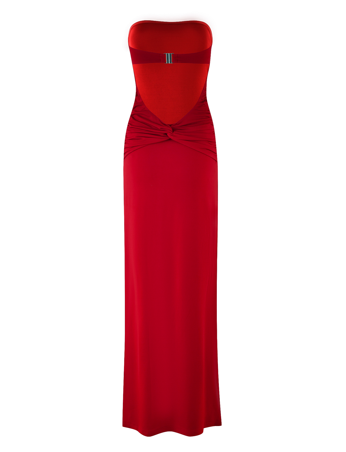 The TIGERMIST DANIELA DRESS - RED is a strapless, maxi-length jersey dress with a front cutout, twisted knot waist detail, and a small rectangular accent at the top center.