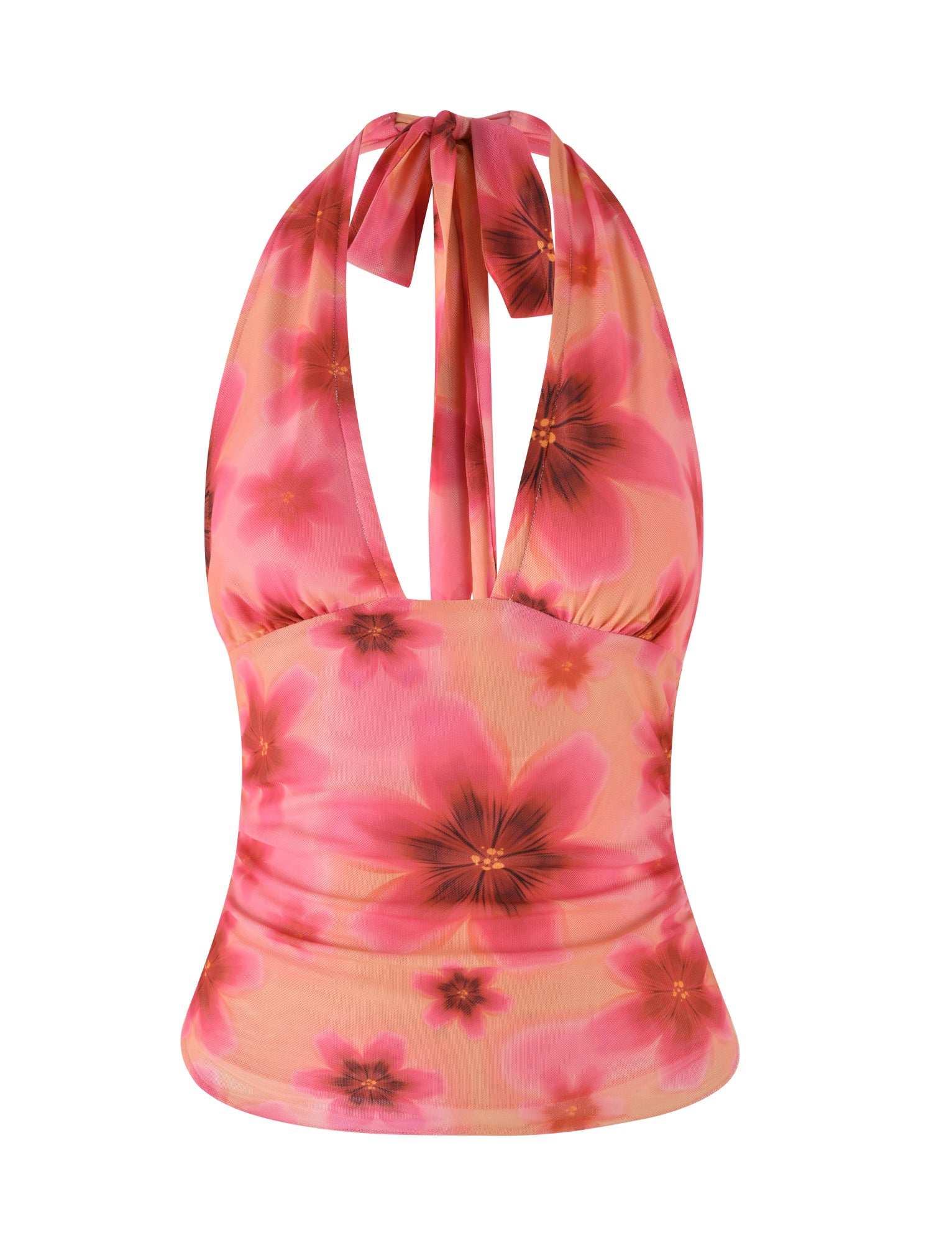 The FRANCIS TOP - MULTI : OMBRE : FLORAL by TIGERMIST is a floral print top featuring a vibrant ombre pattern in shades of pink, orange, and yellow. The halter neck design includes a tie at the neck and a deep V-neckline, adorned with large and small flowers. Its mesh fabrication adds a summery and elegant look.