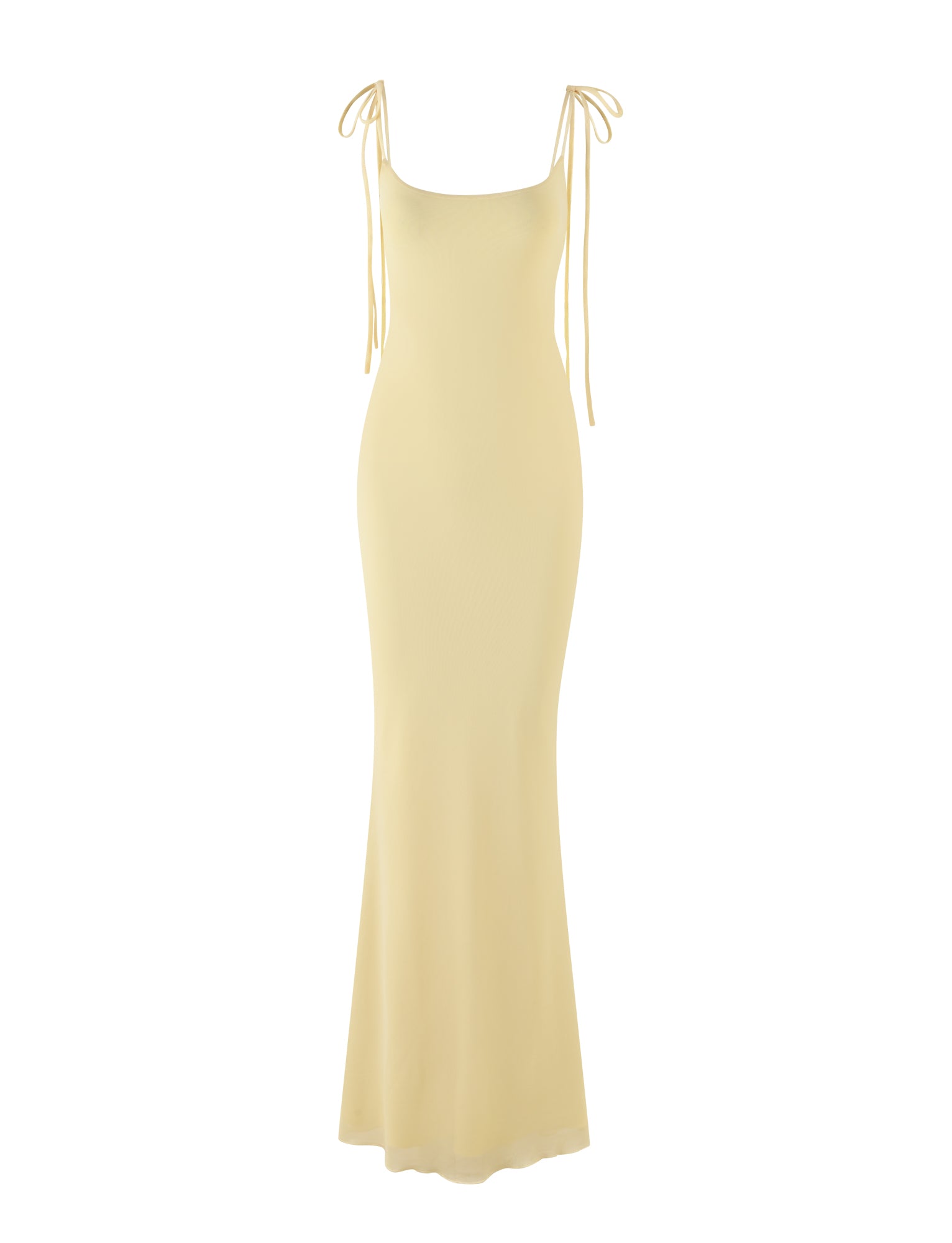 The CYRIL DRESS - YELLOW : LEMON by TIGERMIST is a sleeveless, floor-length Lemon maxi dress featuring thin, adjustable shoulder straps tied into bows. The form-fitting design flares out slightly at the bottom, creating a flowing silhouette. The lightweight and elegant fabric is accentuated with a satin cowl back for an added touch of sophistication.